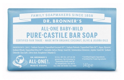 Dr Bronners Baby Mild Unscented Pure Castile Soap Bar 140g